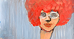Kunst Malerei Gemälde Acryl auf Papier Frauenkopf von vorne mit Sonnenbrille und großer roter Badekappe