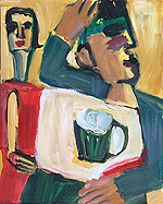 Kunst Malerei Gemälde Acryl auf Karton Frau in rotem Kleid Mann mit Sonnenbrille am Tisch mit einem Getränk