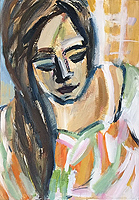 Kunst Malerei Gemälde Acryl auf Leinwand Frau mit langen braunen Haaren Kleid und geschlossenen Augen