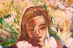 Kunst Malerei Gemälde Acryl auf Leinwand Frau mit braunen langen Haaren in einer bunten Wiese
