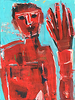 Kunst Malerei Gemälde Acryl auf Papier roter Mann mit roter Palme türkiser Hintergrund