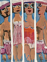 Kunst Malerei Gemälde Acryl auf Schachtel Badegäste zwei Männer und zwei Frauen mit Brillen und Sonnenhüten in Badebekleidung stehen im Wasser