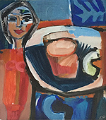 Kunst Malerei Gemälde Acryl auf Papier Frau mit dunklen Haaren am gedeckten Tisch