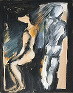 Kunst Malerei Gemälde Acryl auf Leinwand Frau von der Seite ohne Kleidung sitzend und Mann von hinten ohne Kleidung stehend