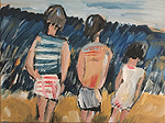 Kunst Malerei Gemälde Acryl auf Leinwand Eltern mit Kind von hinten stehen am Strand und schauen auf das Meer