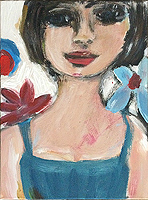 Kunst Malerei Gemälde Acryl auf Leinwand Frau im Kleid und braunen Haaren und Blüten