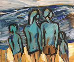 Kunst Malerei Gemälde Acryl auf Leinwand eine Familie mit zwei Kindern von hinten blicken auf das Meer 