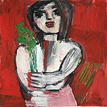 Kunst Malerei Gemälde Acryl auf Karton Frau mit Blumen roter Hintergrund