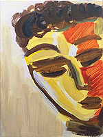 Kunst Malerei Gemälde Acryl auf Leinwand gelbrotes Gesicht mit lockigem Haar und geschlossenen Augen