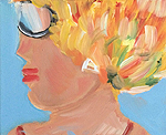Kunst Malerei Gemälde Acryl auf Leinwand am Meer ein Frauenkopf mit Ohrring Sonnenbrille und Badekappe von der Seite
