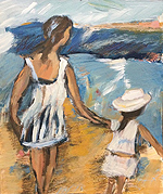 Kunst Malerei Gemälde Acryl auf Karton Mutter mit Kind von hinten gehen am Strand spazieren und schauen auf das Meer