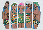 Kunst Malerei Gemälde Acryl auf Schachtel Badegäste drei Frauen und zwei Männer in Badekleidung und Sonnenbrillen unterhalten sich
