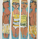 Kunst Malerei Gemälde Acryl auf Schachtel Badegäste zwei Männer und zwei Frauen in Badekleidung Sonnenbrillen und Kopfbedeckung stehen im Wasser und unterhalten sich