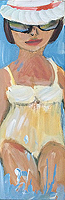 Kunst Malerei Gemälde Acryl auf Leinwand Badegast Frau von vorne mit Badeanzug Sonnenbrille und Hut seht im Wasser