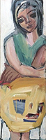 Kunst Malerei Gemälde Acryl auf Leinwand Frau von vorne sitzt am Tisch