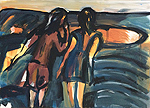 Kunst Malerei Gemälde Acryl auf Leinwand zwei Frauen von hinten blicken auf das Meer und einem Boot