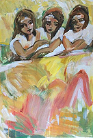 Kunst Malerei Gemälde Acryl auf Leinwand drei Mädchen in weißer Kleidung unterhalten sich