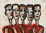 Kunst Malerei Gemälde Acryl auf Leinwand fünf männlichen Köpfen und roter Kleidung