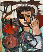 Kunst Malerei Gemälde Acryl auf Leinwand Frau mit zwei roten Äpfeln