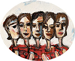 Kunst Malerei Gemälde Acryl auf Leinwand fünf weibliche Köpfe mit braunen Haaren im ovalen Format