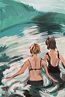 Kunst Malerei Gemälde Acryl auf Leinwand am See zwei Frauen von hinten im Wasser
