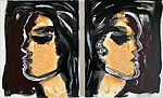 Kunst Malerei Gemälde Acryl auf Leinwand mit zwei Frauenköpfen mit schwarzen Haaren Rücken and Rücken stehend