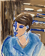 Kunst Malerei Gemälde Acryl auf Leinwand Frauenkopf mit braunen Haaren blaub auf braunem Hintergrund