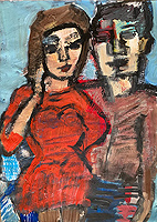 Kunst Malerei Gemälde Acryl auf Papier Mann und Frau in roter Kleidung und blauem Hintergrund