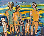 Kunst Malerei Gemälde Acryl auf Karton Familie mit drei Kindern von hinten blicken auf das Meer