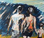 Kunst Malerei Gemälde Acryl auf Karton Eltern mit Kind von hinten gehen am Strand und schauen auf das Meer