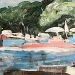 Kunst Malerei Gemälde Acryl auf Leinwand am See mit Bäumen Wald Strand mit Sonnenschirmen und Boot