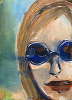 Kunst Malerei Gemälde Acryl auf Leinwand mit Frauenkopf rote Lippen blonden Haaren und Sonnenbrille
