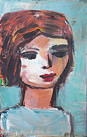 Kunst Malerei Gemälde Acryl auf Papier Frauenkopf mit dunklen Haaren türkiser Hintergrund