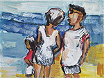 Kunst Malerei Gemälde Acryl auf Papier Eltern mit Kind stehen am Strand und blicken auf das Meer