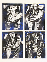 Kunst Malerei Gemälde Acryl Mischtechnik auf Leinwand vier Personen am Tisch