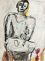 Kunst Malerei Gemälde Acryl Mischtechnik auf Papier Person mit weißer Kleidung sitzt am gedeckten Tisch