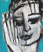 Kunst Malerei Gemälde Acryl auf Leinwand Frau mit Hand im Gesicht und türkisen Hintergrund