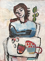 Kunst Malerei Gemälde Acryl auf Papier nachdenkende Frau sitzt am gedeckten Tisch