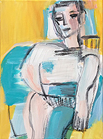 Kunst Malerei Gemälde Acryl auf Leinwand sitzender Mann gelber Hintergrund